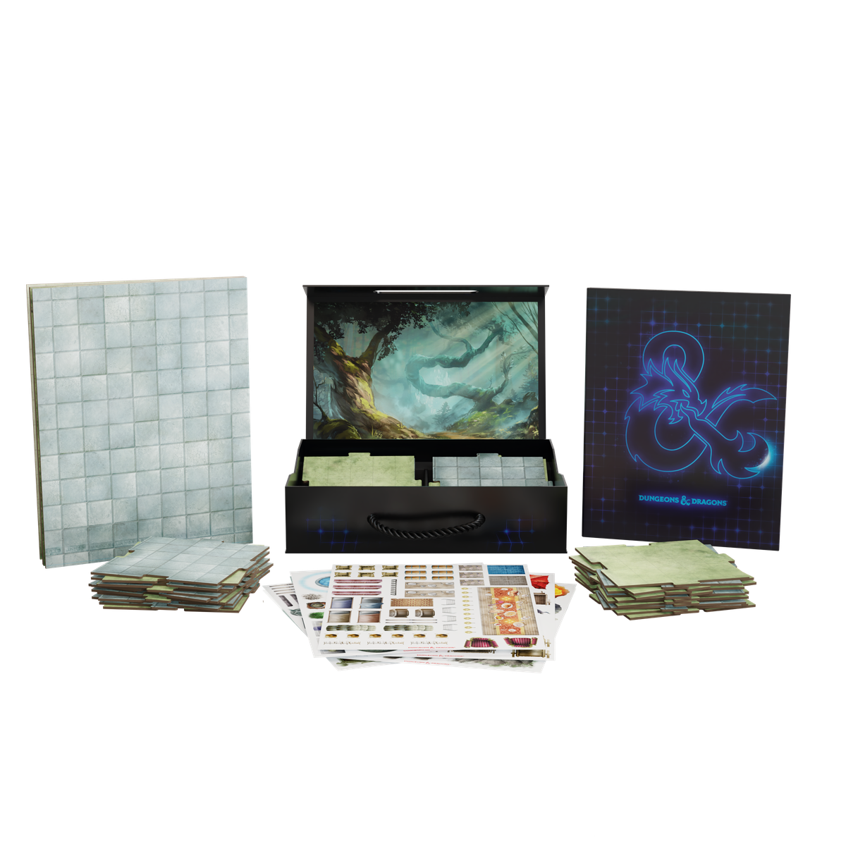 Product images show foldable maps, double-sided and interlocking map tiles, stickers, and the Terrain Campaign case's carrying case.