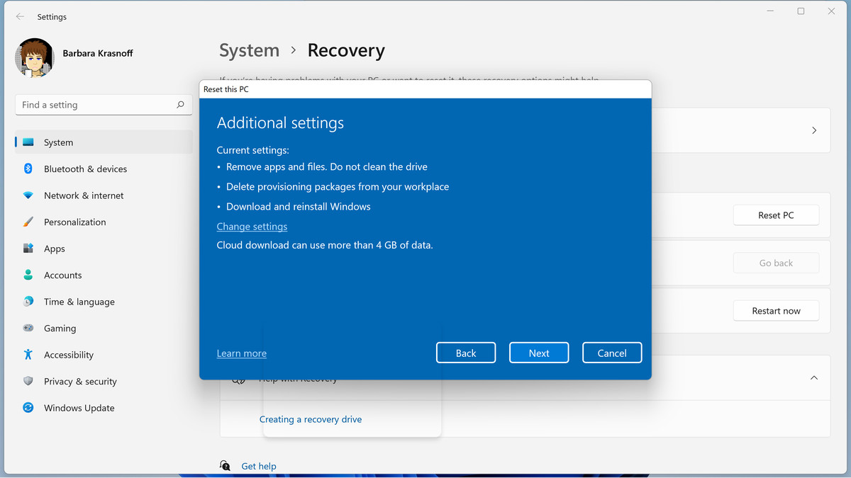 Before you reset, Windows will tell you exactly what will happen.