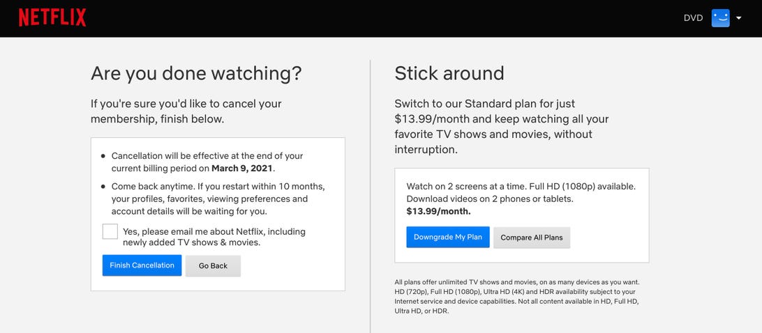 Netflix account closure page with counteroffer