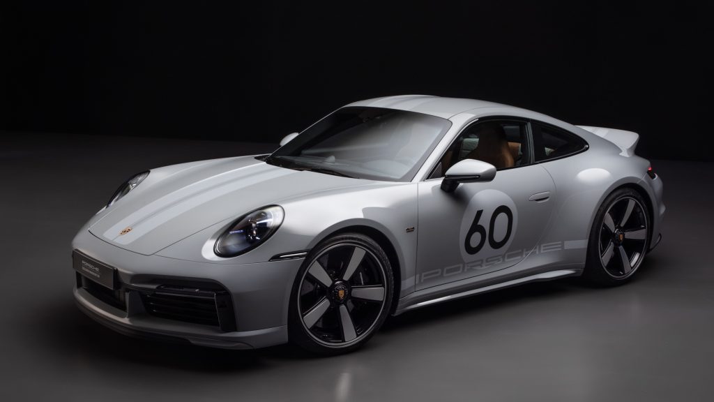 Grey and Silver Stripes 2023 Porsche 911 Sport Classic in Black Studio