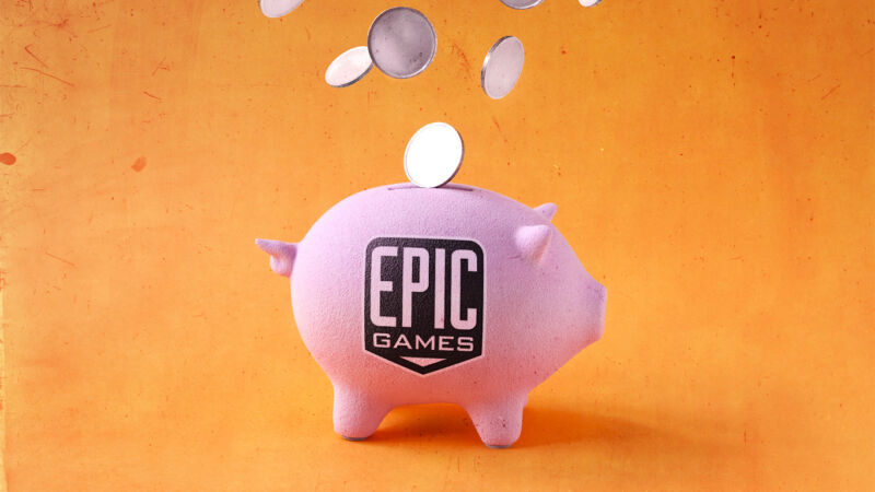 Coins land on a piggy bank labeled Epic Games.
