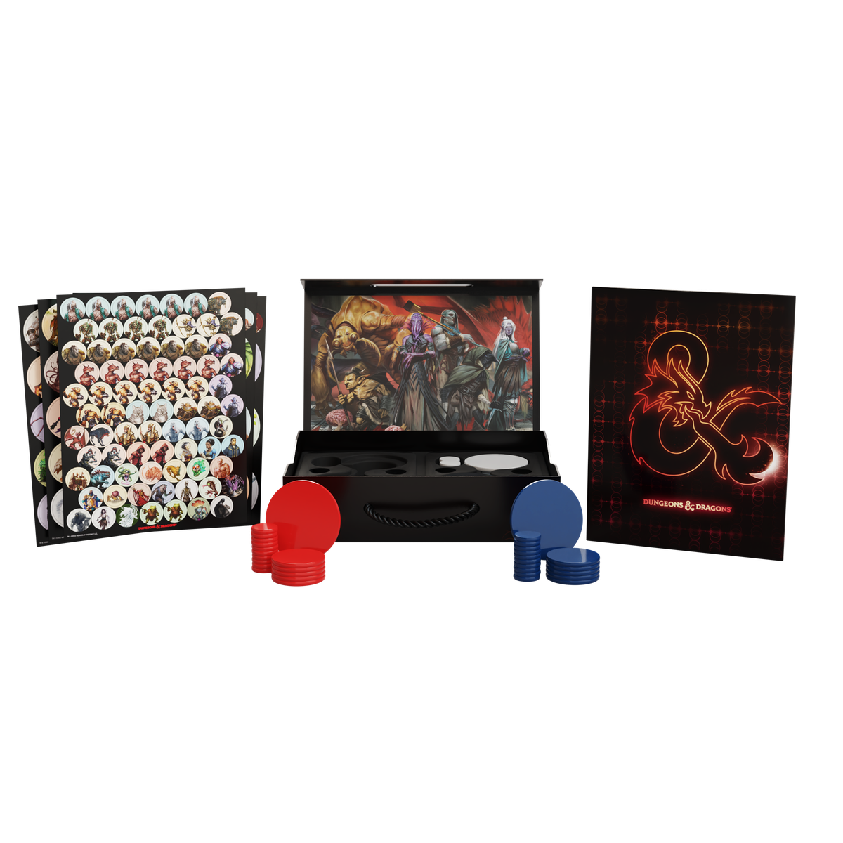 A product image showing illustrated stickers, plastic tokens in multiple sizes, and a carrying case for Creature Campaign Case.