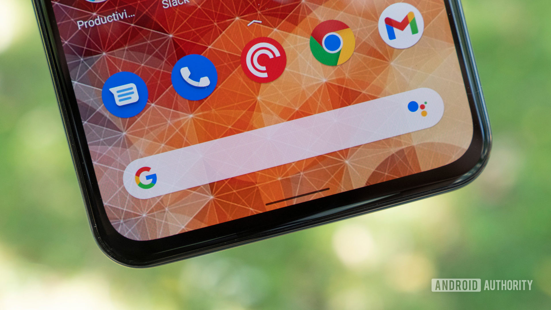 Google Pixel 5a home screen showing a close-up of the Google search bar