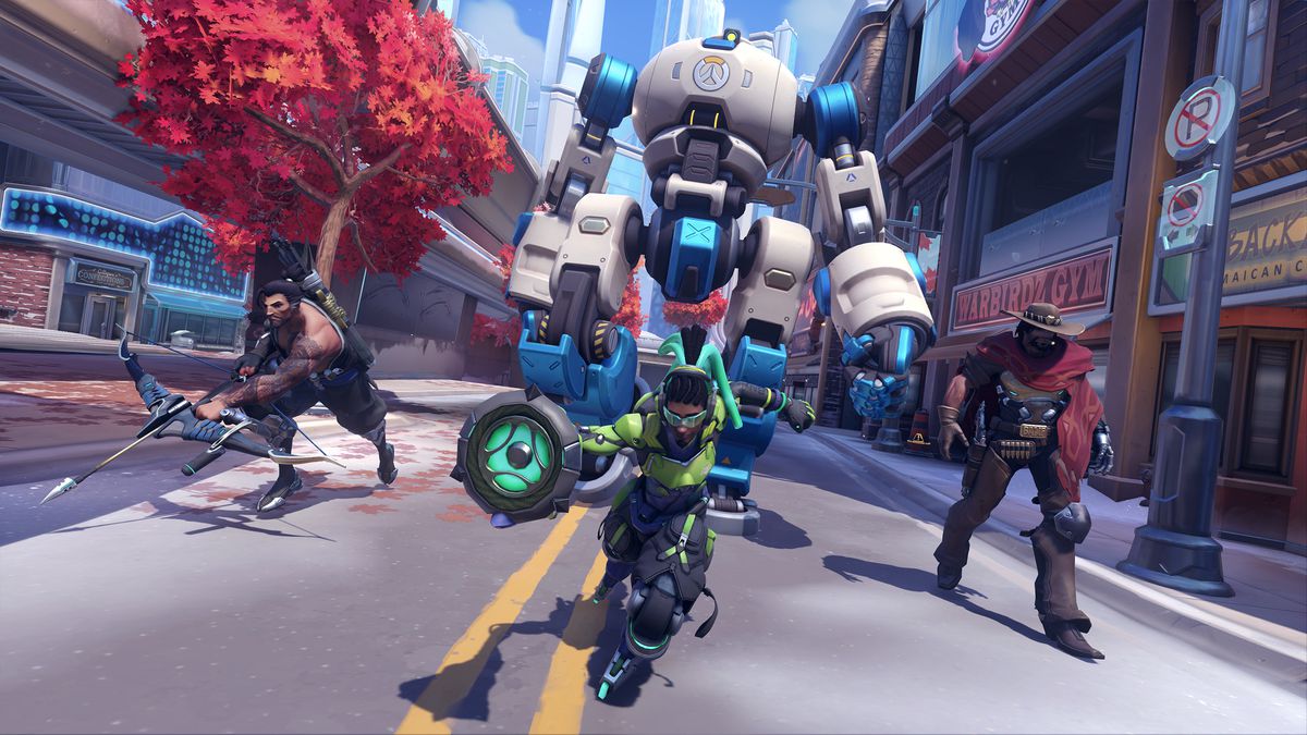 Overwatch heroes defend against push bots in Overwatch 2's new Push game genre