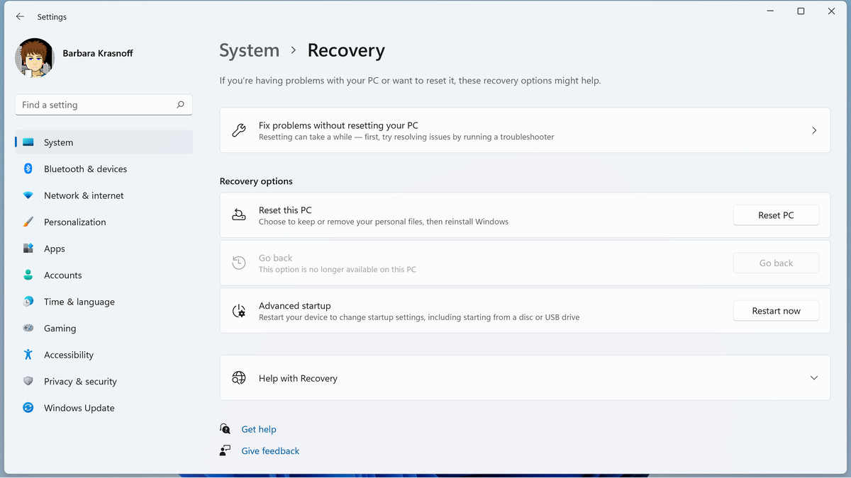 The recovery screen allows you to easily reset your PC.