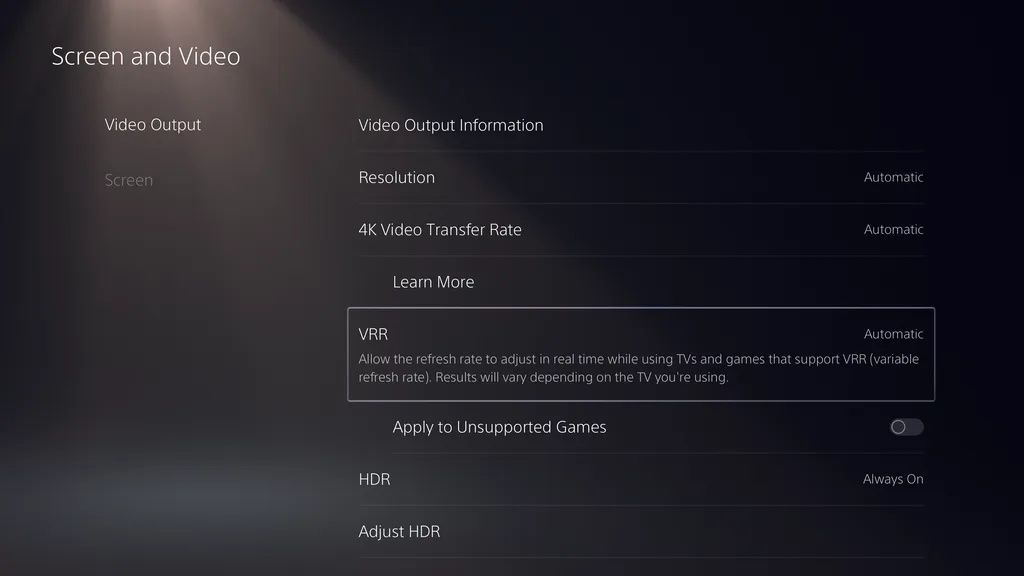 Image of the settings screen in PlayStation 5 showing the option to apply VRR support to unsupported games