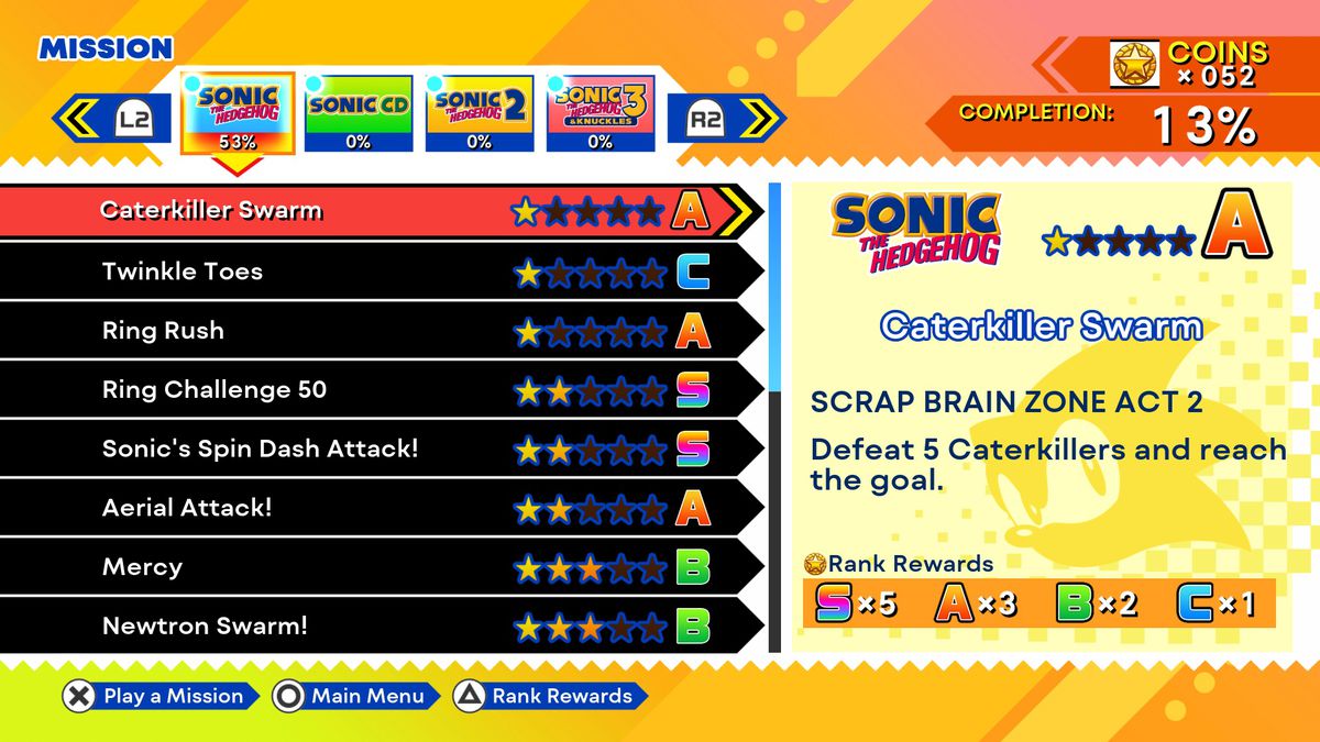 Mission menu screen showing some of the challenges of the original Sonic the Hedgehog in Sonic Origins