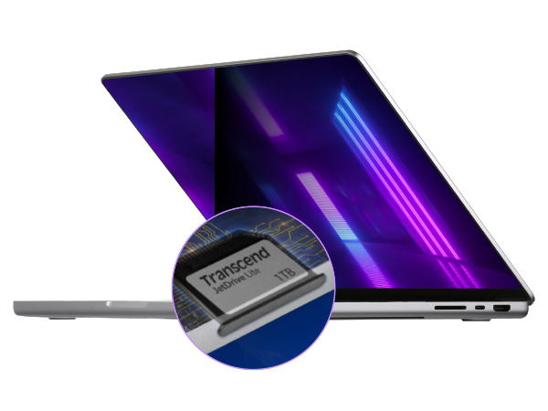 A MacBook Pro seen from the side with a neon purple background on the screen, half-open on a white background.  Overtop is a small close-up of the 1TB Transcend JetDrive lite.