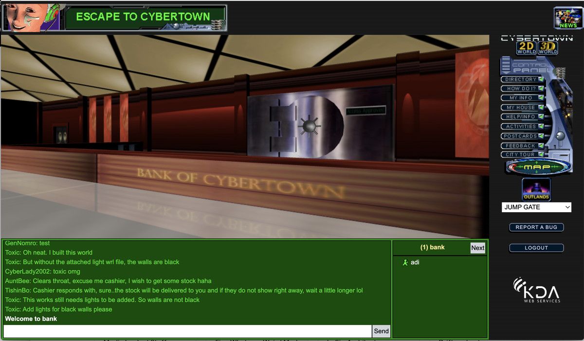 Screenshot of the Cybertown banking environment with text chat from users.