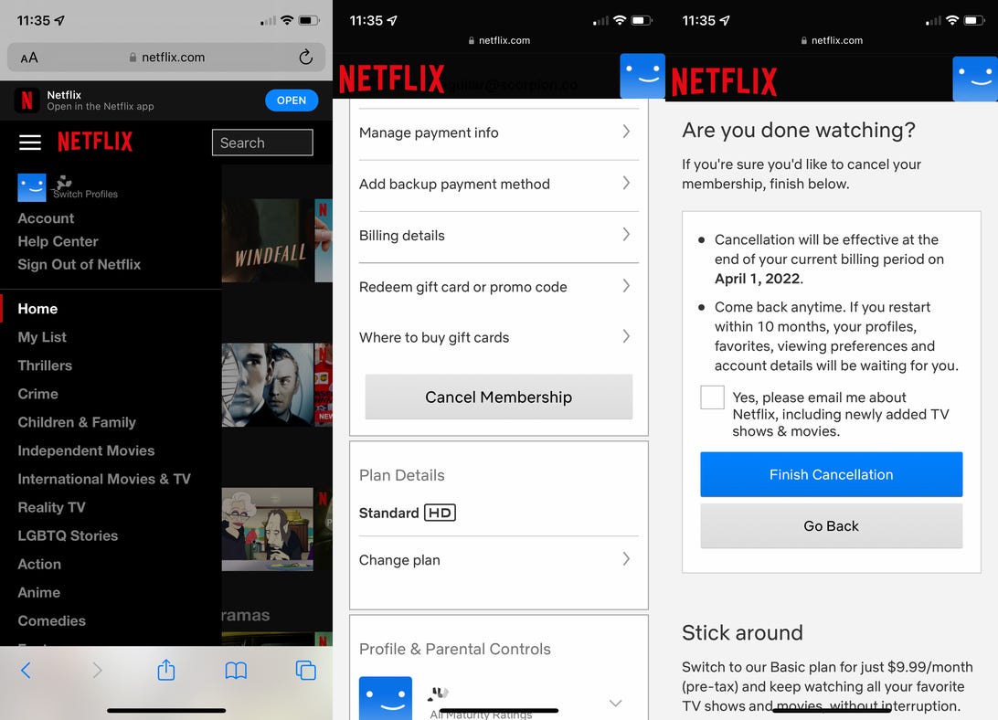 Netflix account cancellation screen
