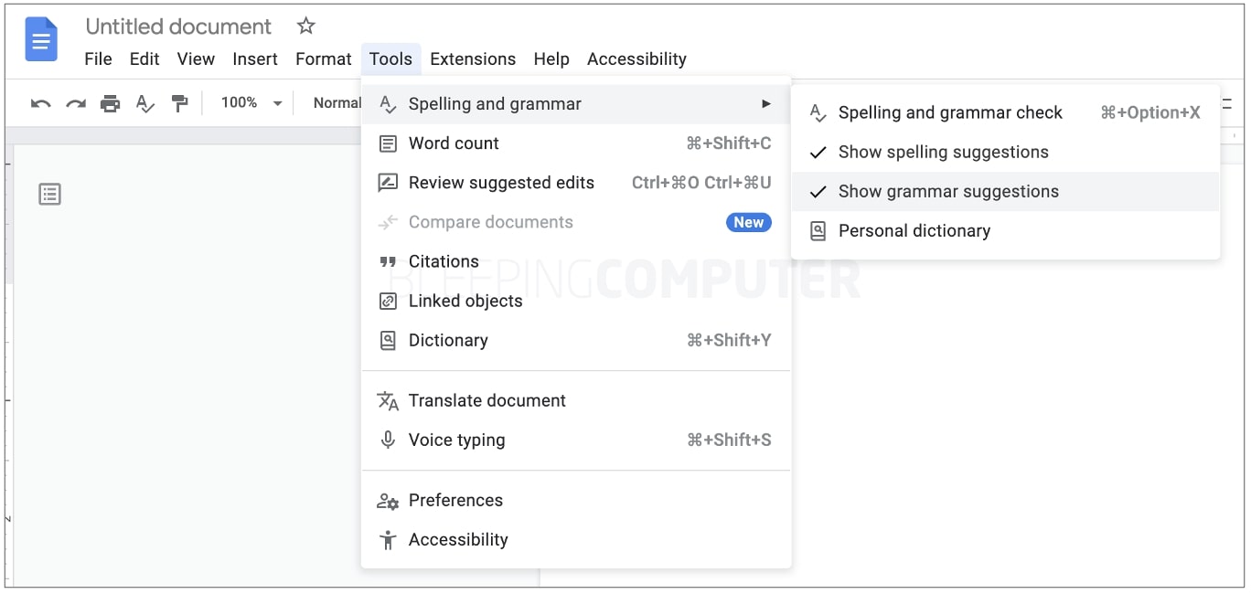 Google Docs grammar check options