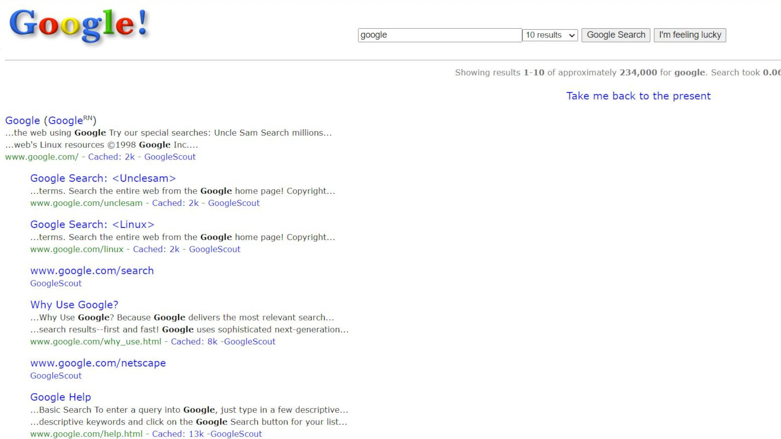 Screenshot of Google's search engine in 1998