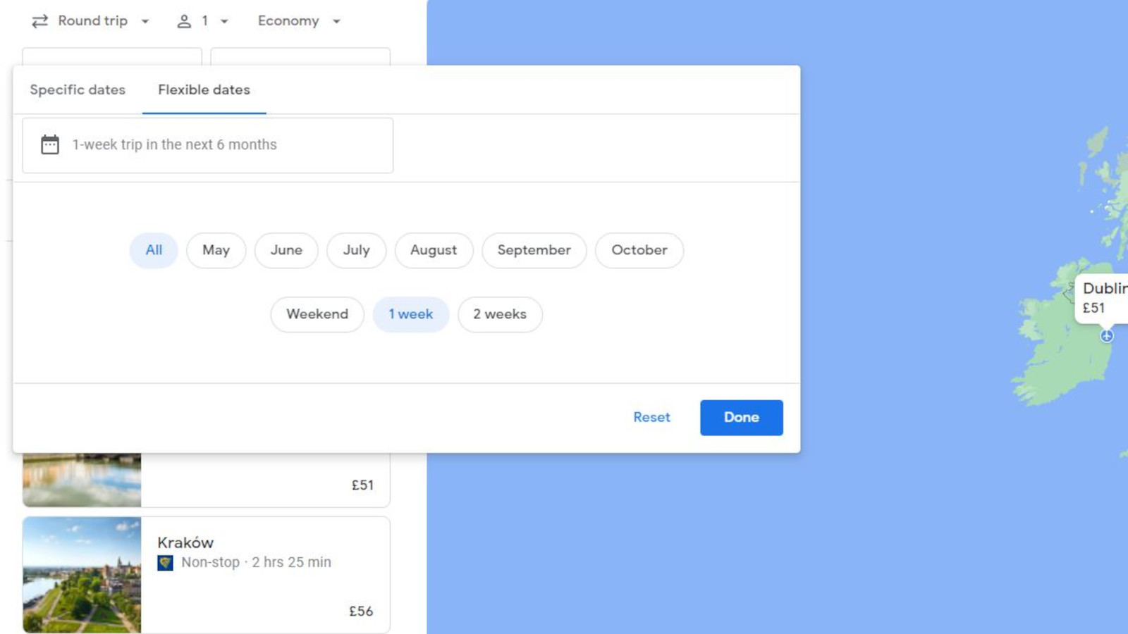 Screenshot of Google Flight search open dates