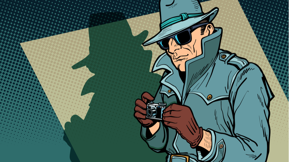 Illustration of a 1960s spy wearing sunglasses and a big coat
