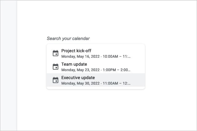 Google Calendar event selection in Google Docs.