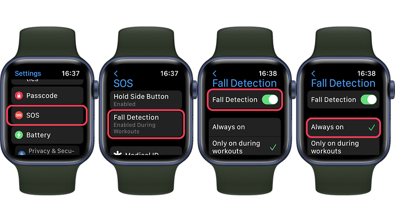 Screenshot showing how to turn on fall detection on Apple Watch