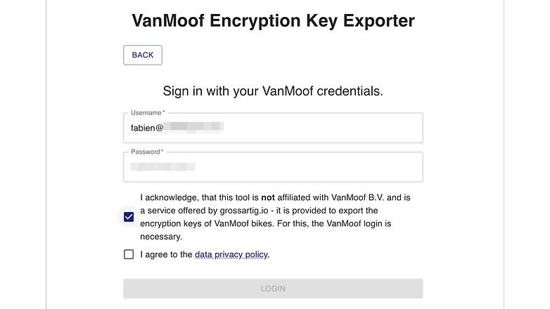 Screenshot of Vanmoof Encryption Key Extractor