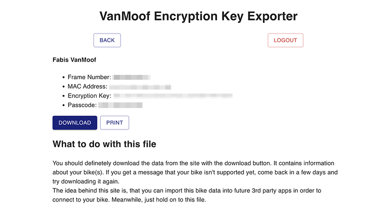 Screenshot of Vanmoof Encryption Key Extractor